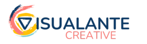 Visualante Creative Logo. Blue text for Visualante in capital letters and the Creative in pink.