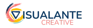 Visualante Creative Logo. Blue text for Visualante in capital letters and the Creative in pink.