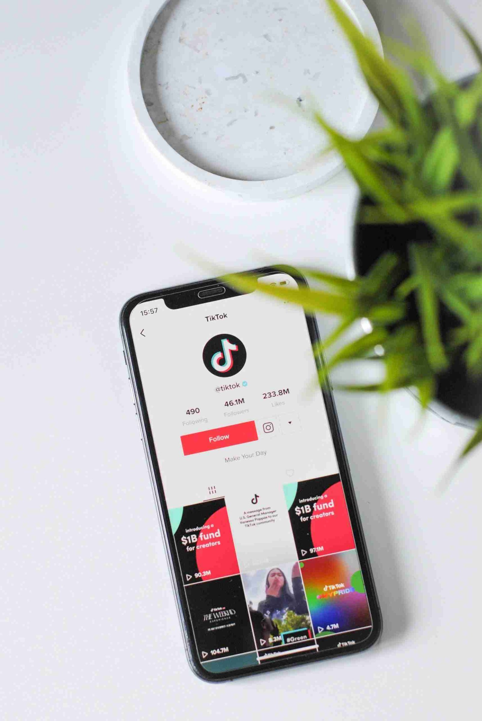Smartphone displaying TikTok app profile page on a white surface with a plant nearby, illustrating vertical video marketing strategies for brand engagement in 2025.