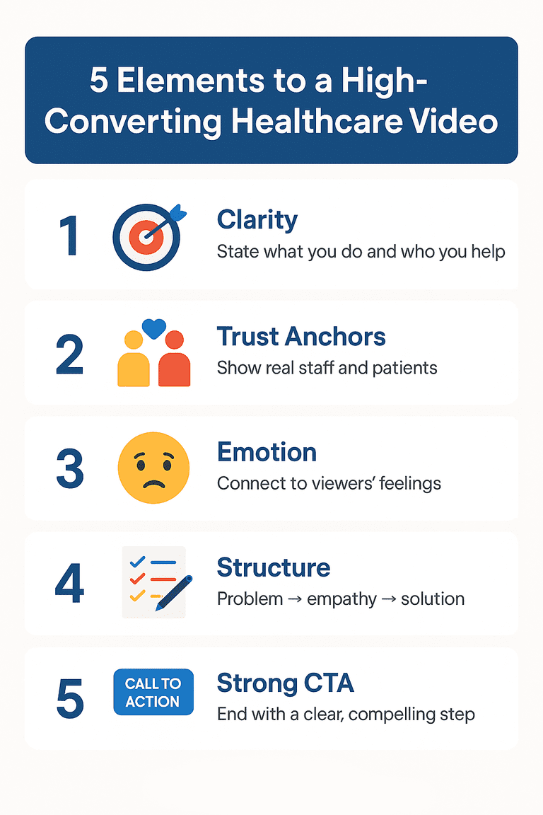 Infographic showing five elements of an effective healthcare video